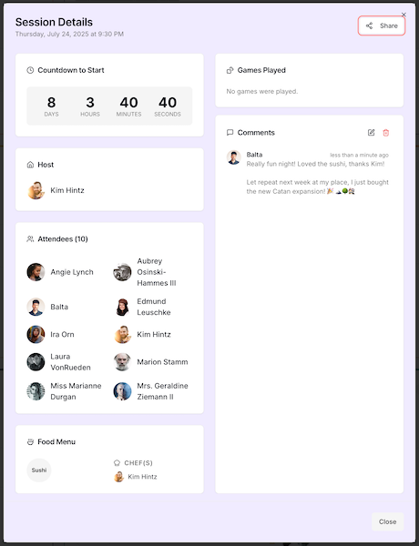 The session details modal showing comments.